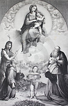 TheÃÂ Madonna of Foligno by Raphael Sanzio in a vintage book Rafael`s Madonnen, by A. Gutbier, 1881, Dresden photo